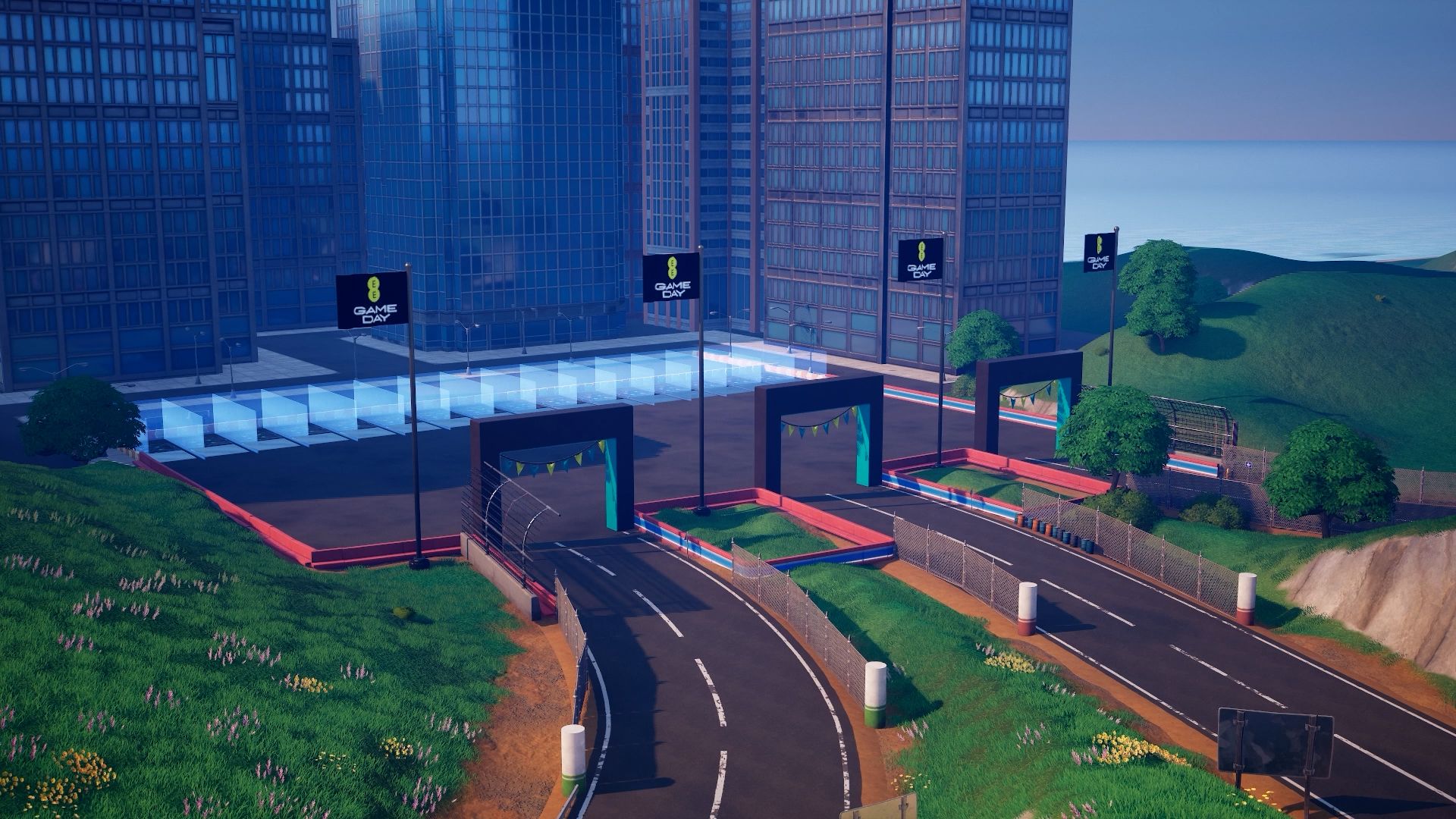 Outdoor GameDay race environment beside a city
